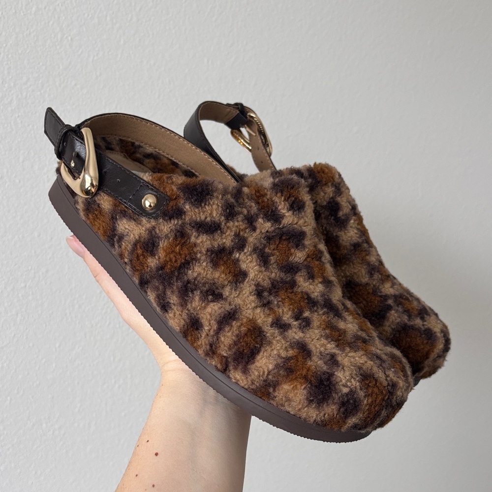 NEW Dolce Vita Slingback buckle mules chunky animal print fur lined size 7